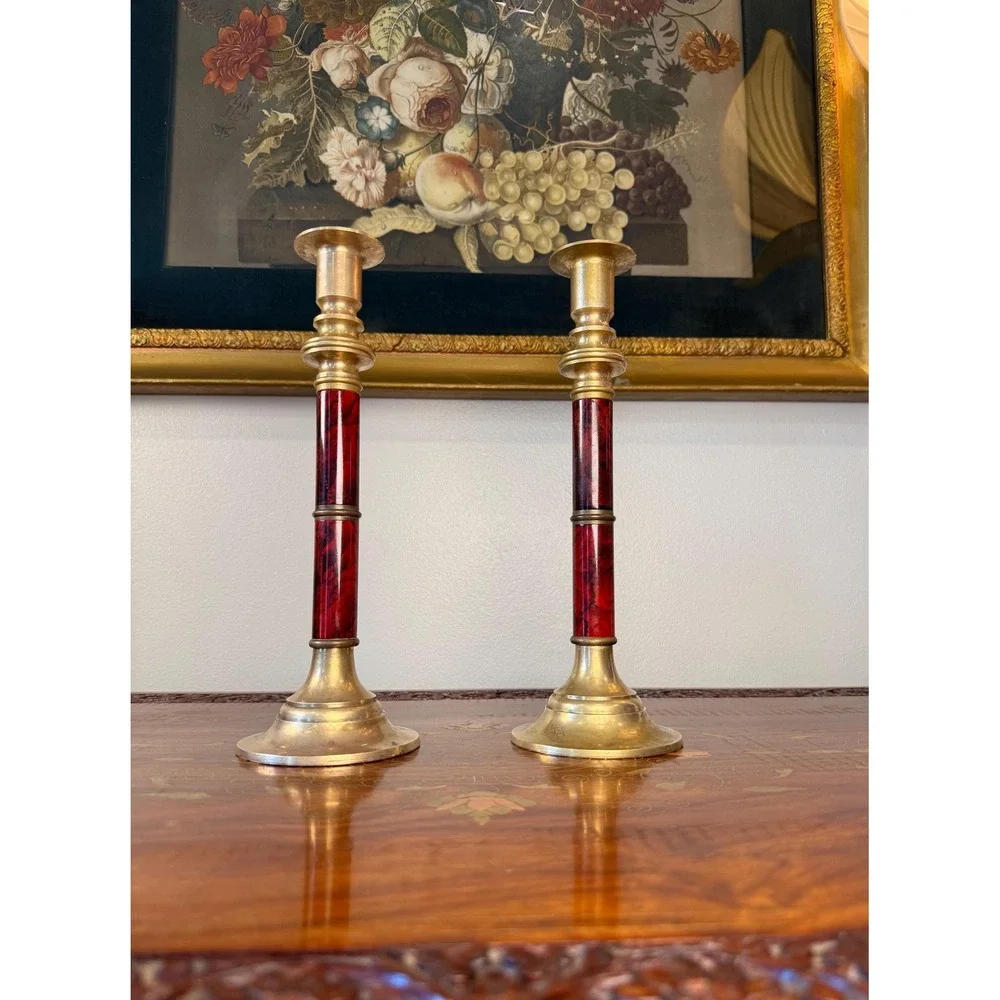 Vintage Brass Candlestick Pair • Red Faux Marble Enamel Column Candle Holders
